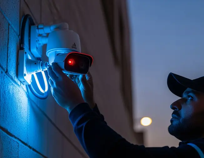 Osous Al Taqnia technician installing advanced CCTV system in Baghdad office building